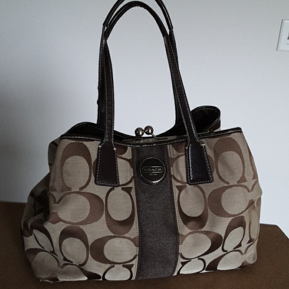 Coach Signature Stripe Frame Carryall, VGUC